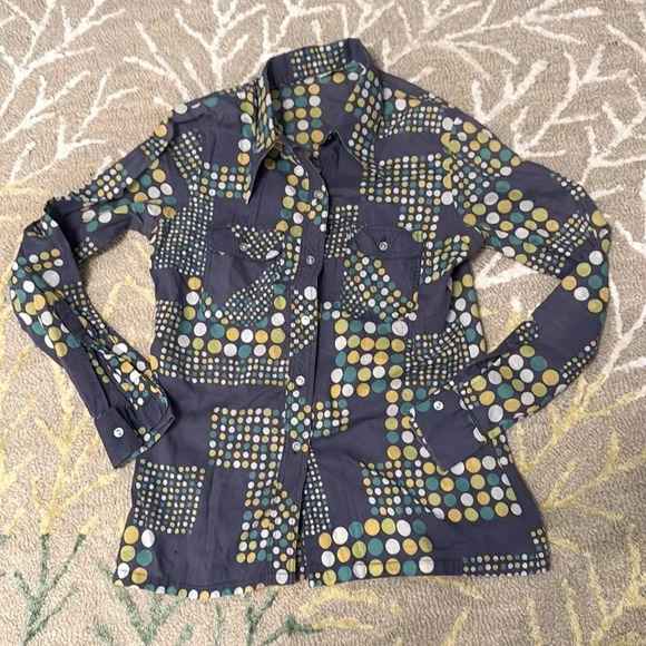 Vintage mod up our polkadot, psychedelic button-down shirt S/M - Picture 1 of 4